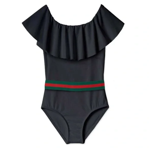 Stella Cove Girls Black Ruffle Swimsuit with Gucci-Style Belt - Size 12Y